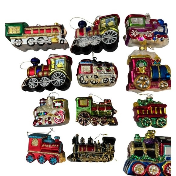 Glass Train Railroad Ornaments Set Of 12 Multicolor Hand-Painted Holiday Decor V - Picture 1 of 10